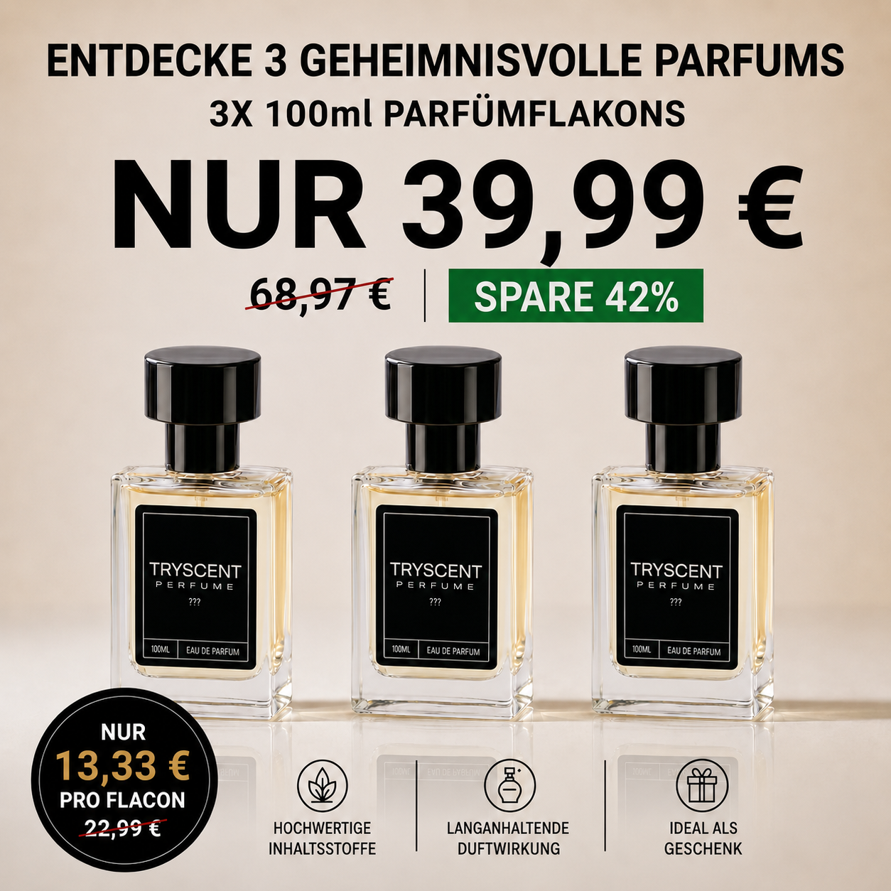 Geheimnisvolle Parfums – 3X 100ml Parfümflakons